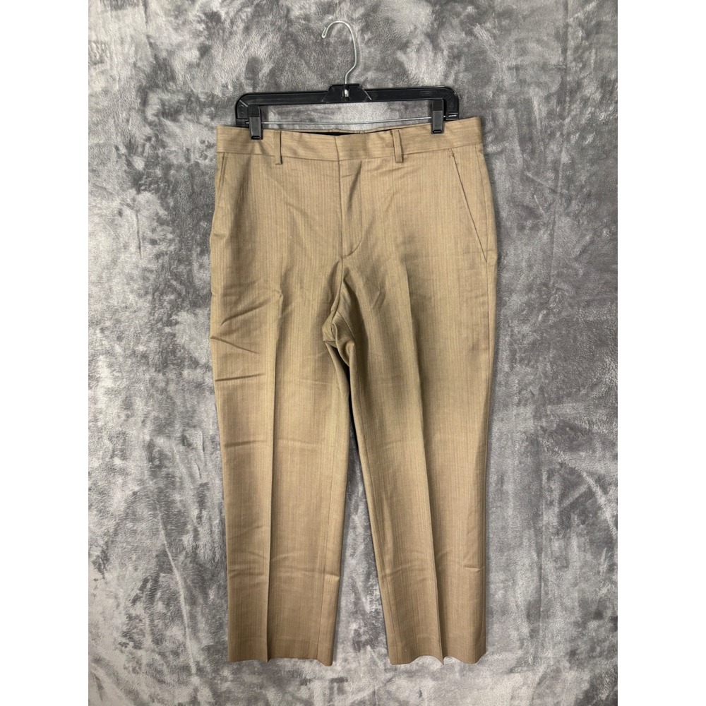 Mens Khaki Tan Herringbone Dress Pants Flat Front Straight Leg Trousers